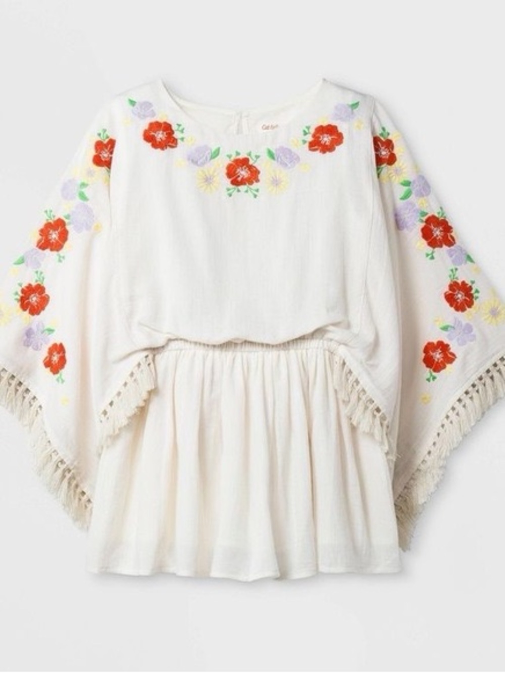 Cat & Jack Cream Embroidered Floral Poncho Top with Tassel Trim